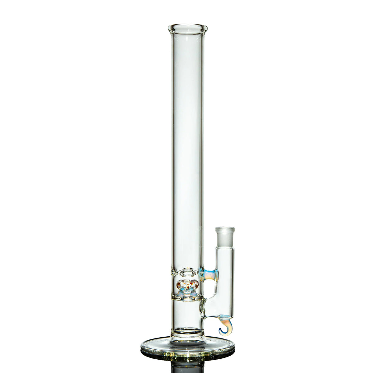 Clear glass bong with straight tube design and decorative accents on white background