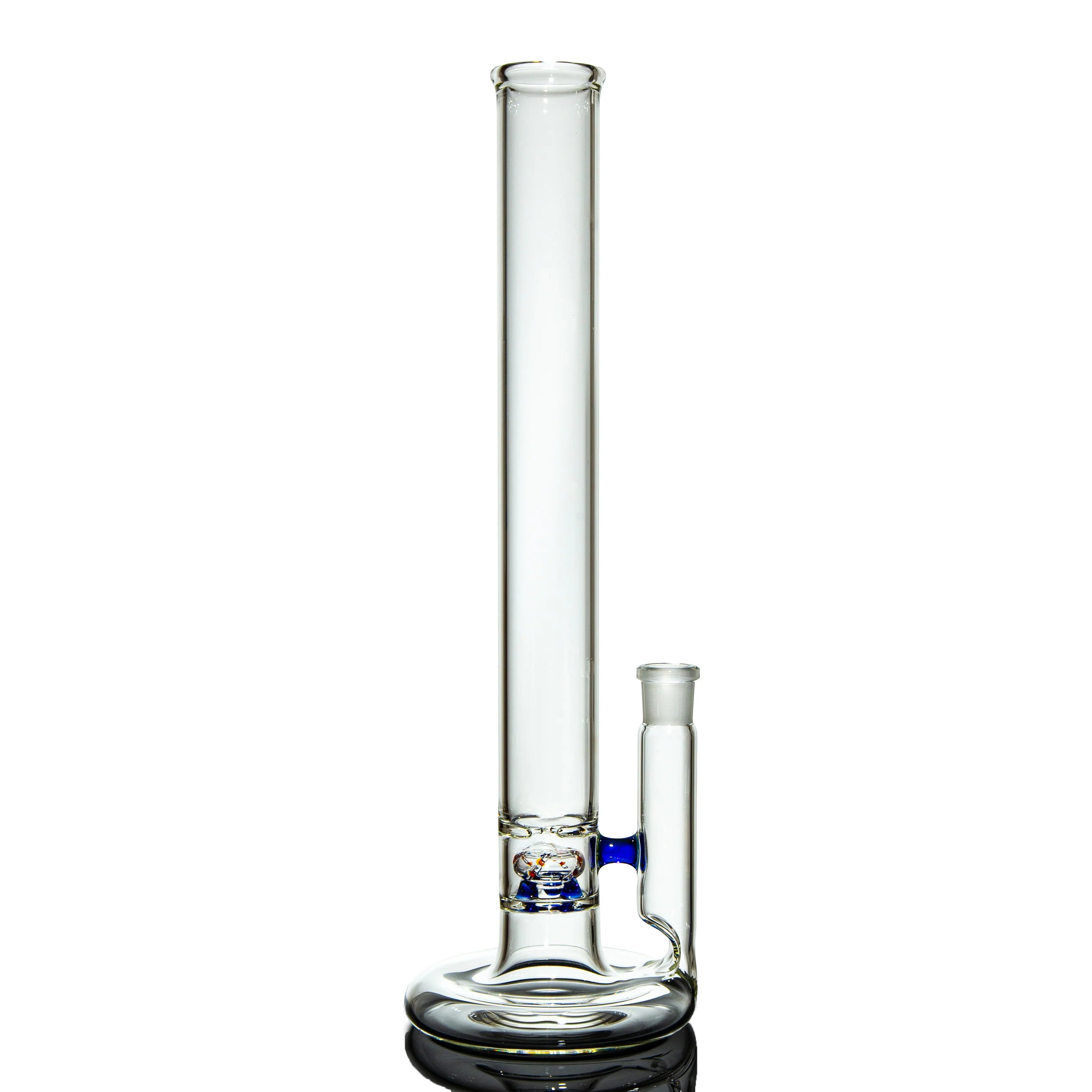 Clear glass straight tube water pipe with wide base and blue accent on a white background