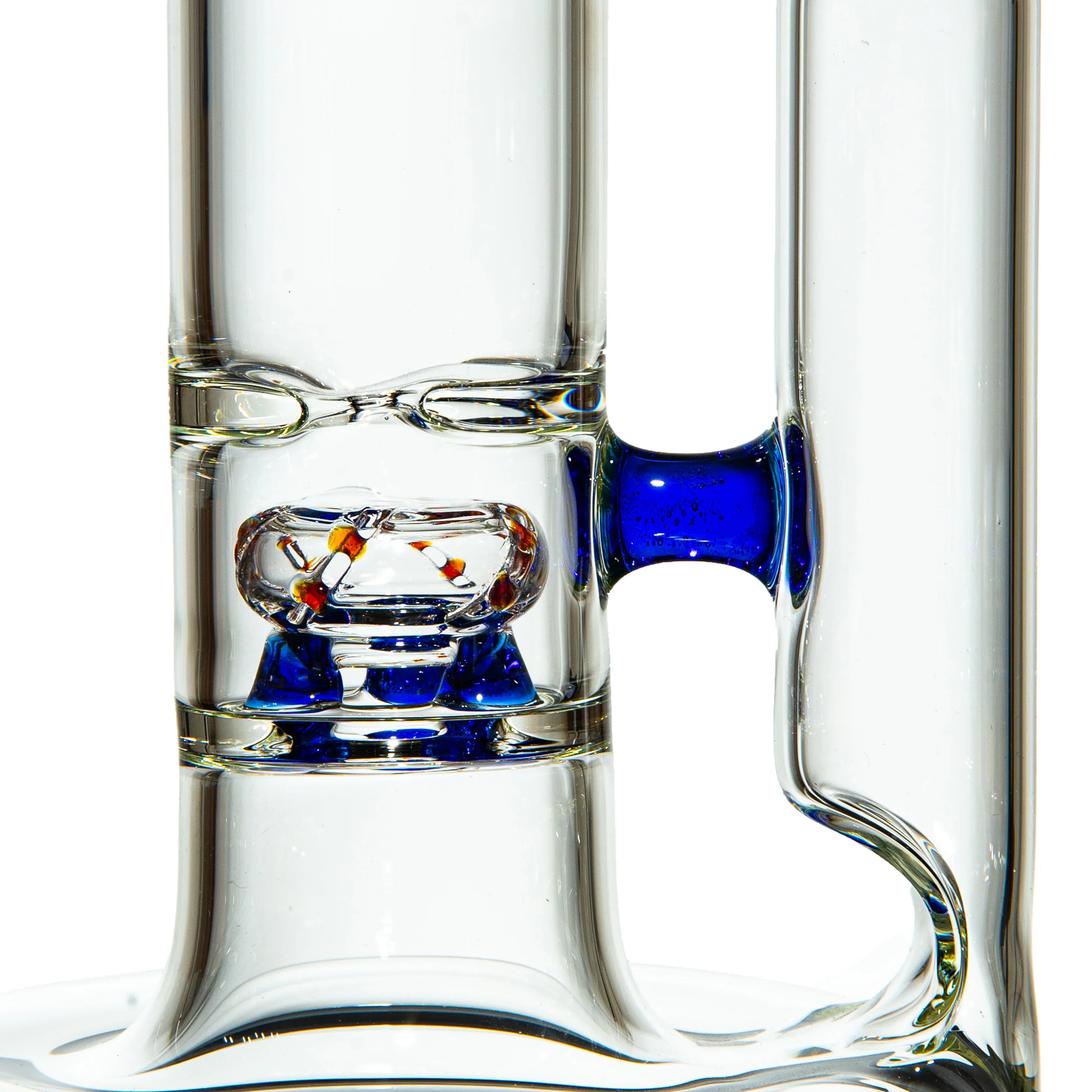 Close-up of intricate clear glass water pipe with blue accents and detailed percolator design