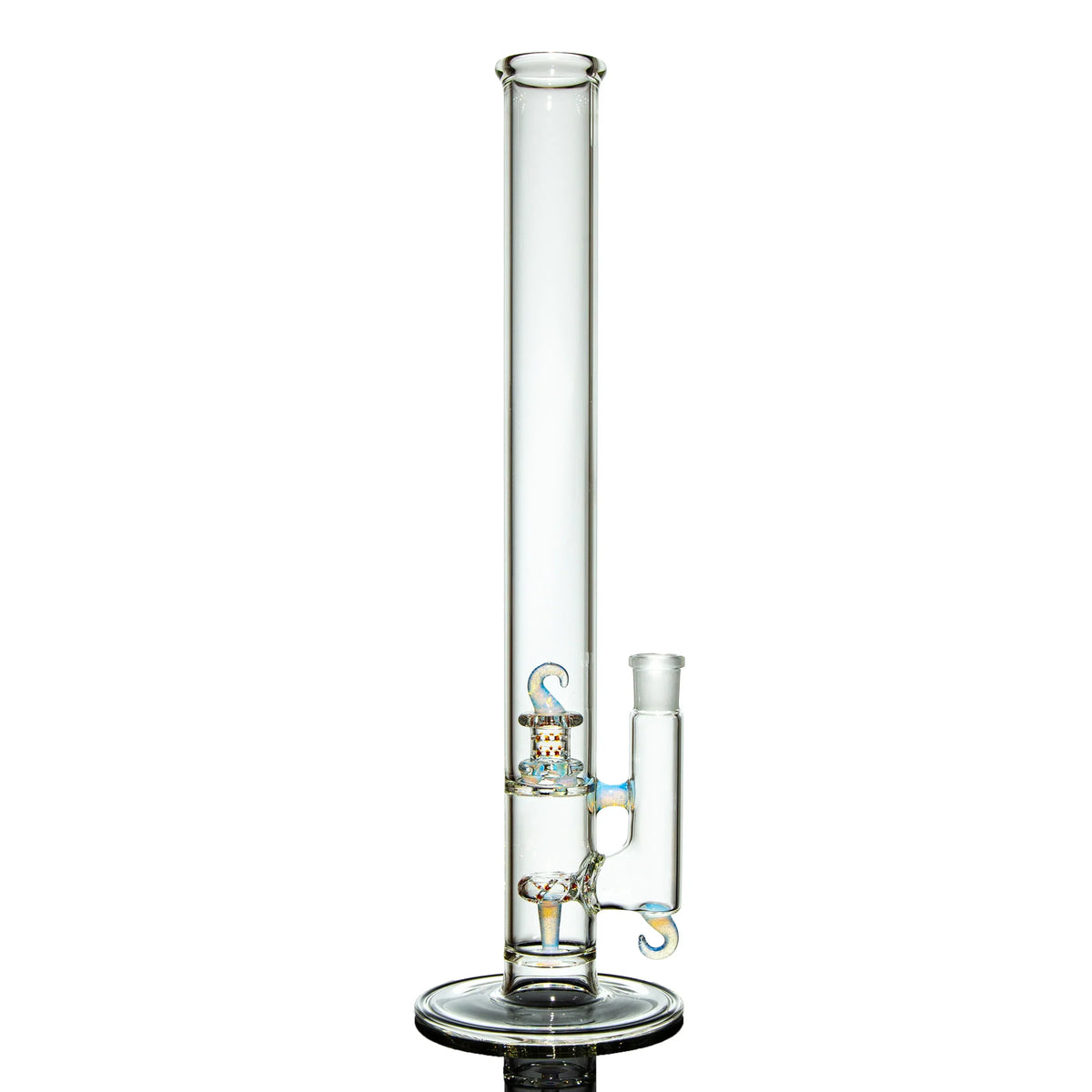 Clear glass water pipe with intricate percolator and decorative accents on white background