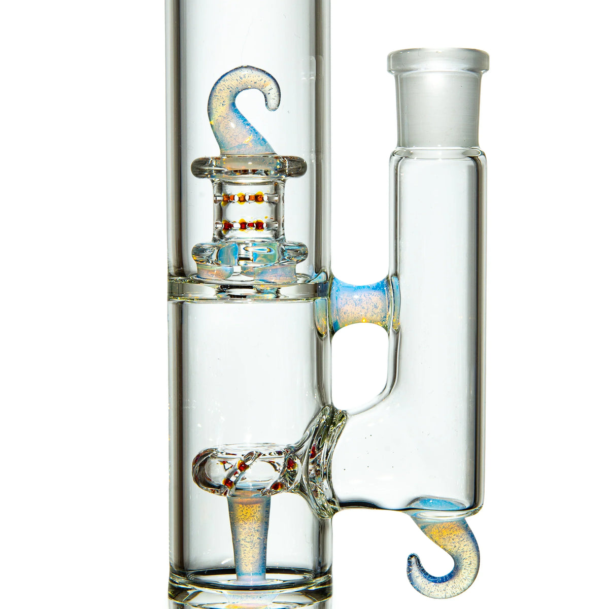 Clear glass water pipe with decorative hook accents and intricate percolator design