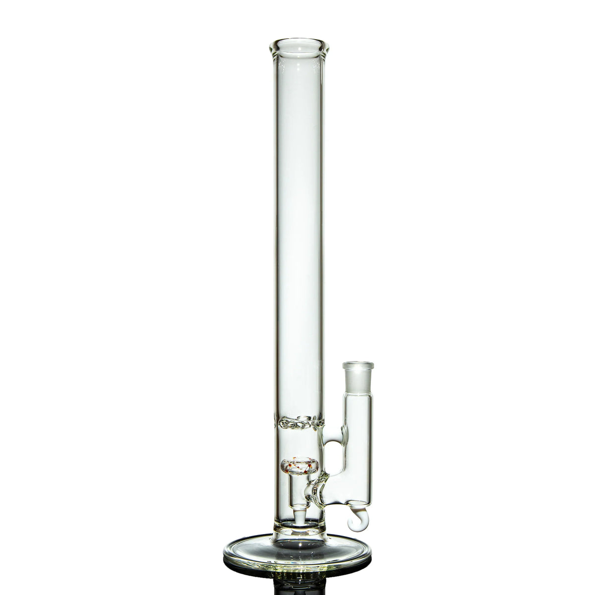 Clear glass straight tube water pipe with ice pinch and thick base on white background