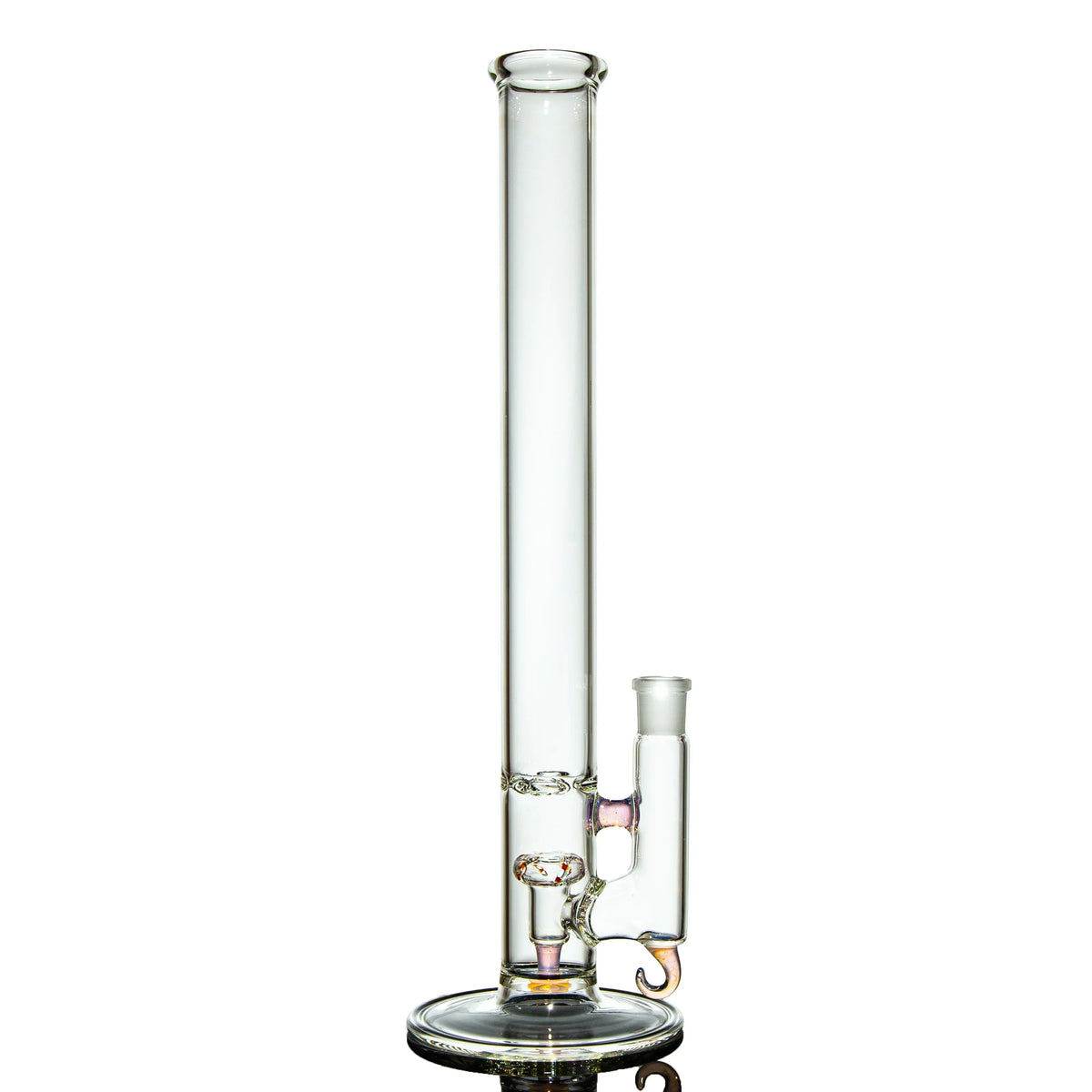 Clear glass water pipe with straight tube design on white background