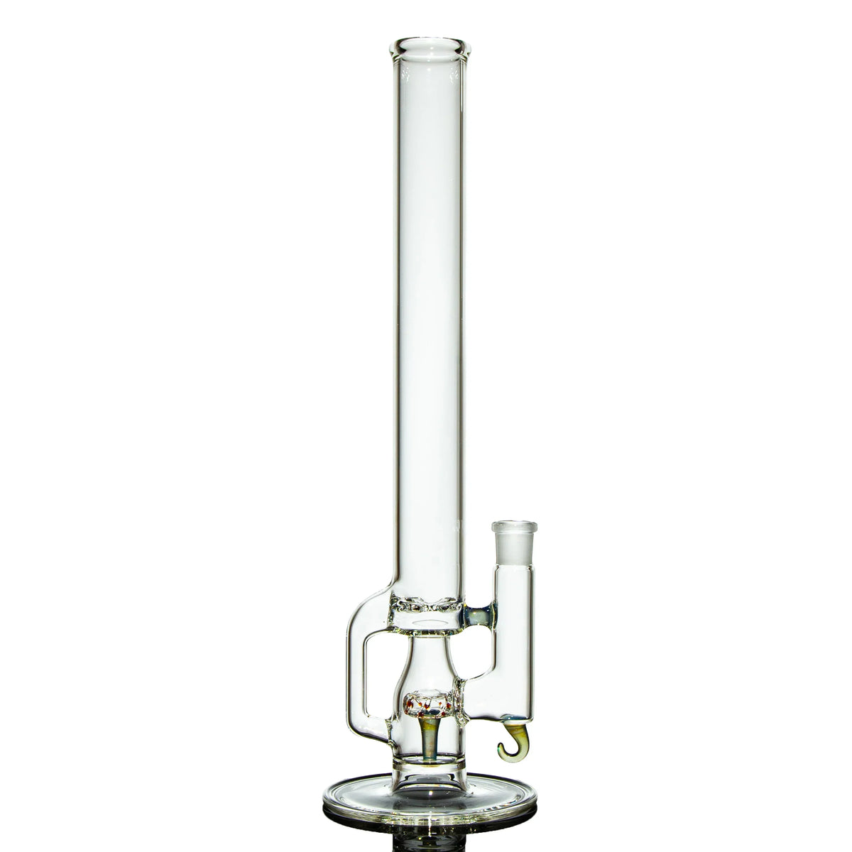 Clear glass water pipe with cylindrical chamber and side handle against white background