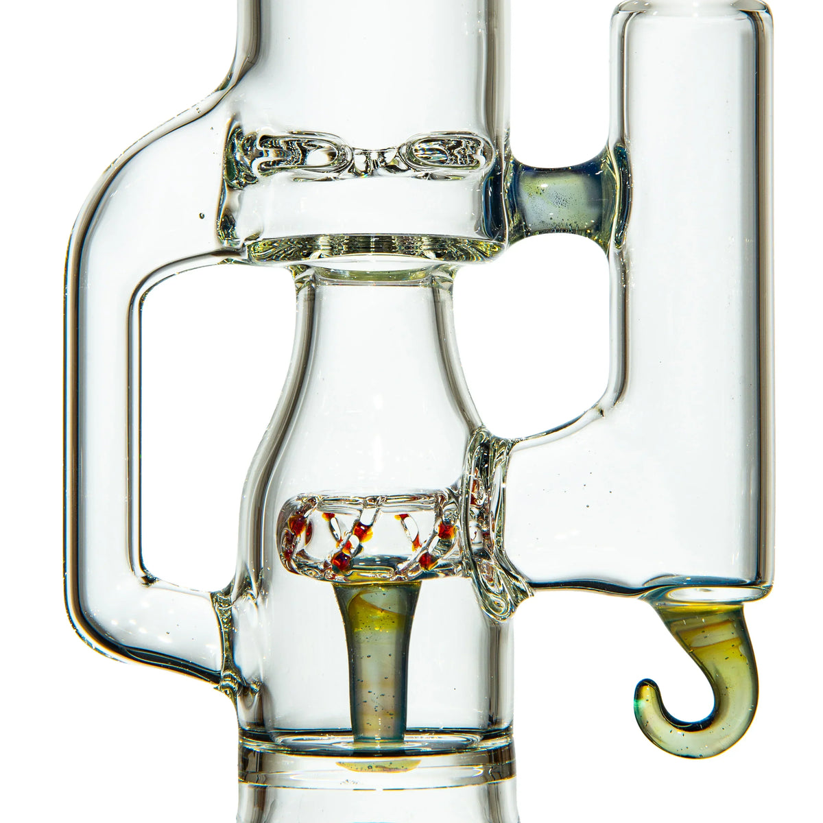 Clear glass water pipe with unique hook-shaped base and decorative colored glass accents