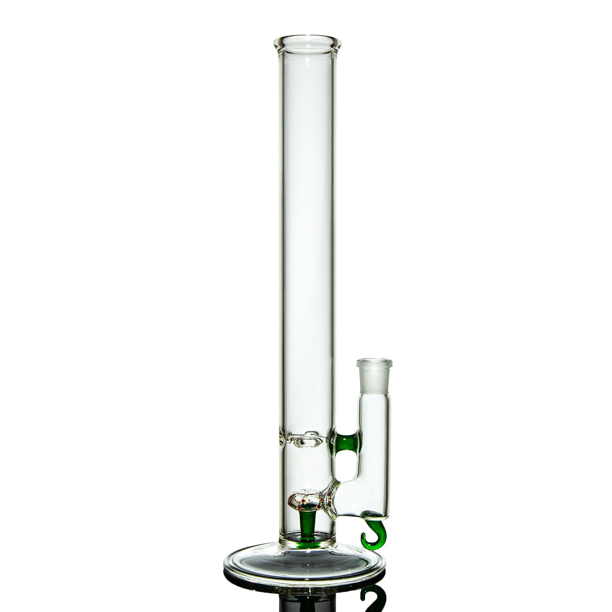 Clear glass straight tube bong with green accents on white background