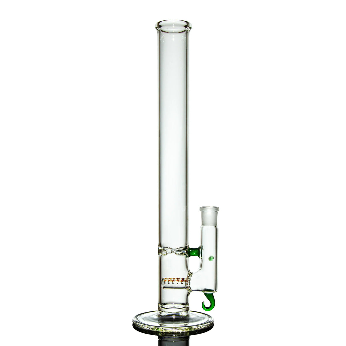 Clear glass bong with percolator and green accent details on a white background