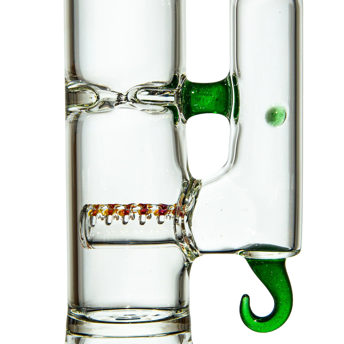 Close-up of a clear glass water pipe with green accents and a unique hook-shaped handle.