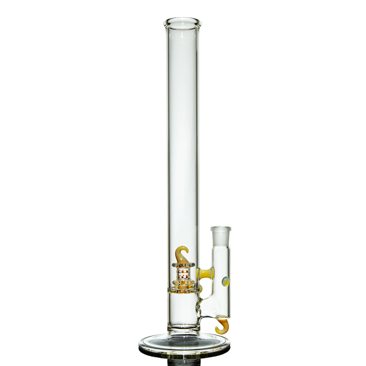 Clear glass bong with gold accents and a straight tube design on a white background