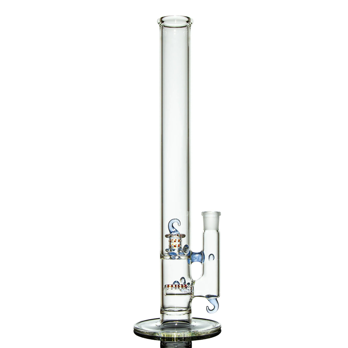 Clear glass water pipe with percolator and swirl accents on white background