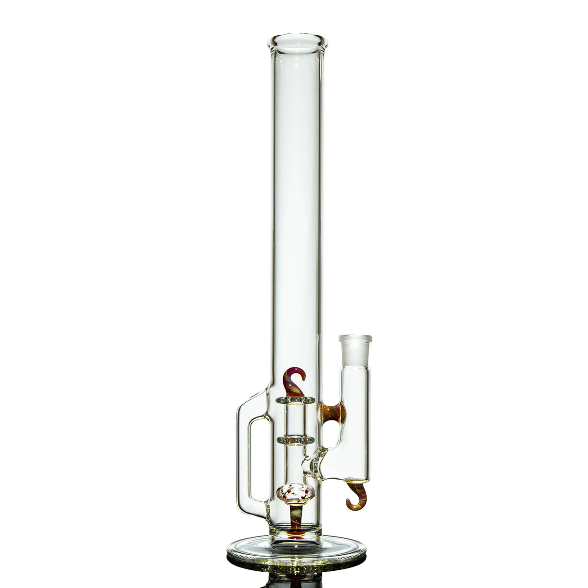 Clear glass bong with amber accents and handle, isolated on white background