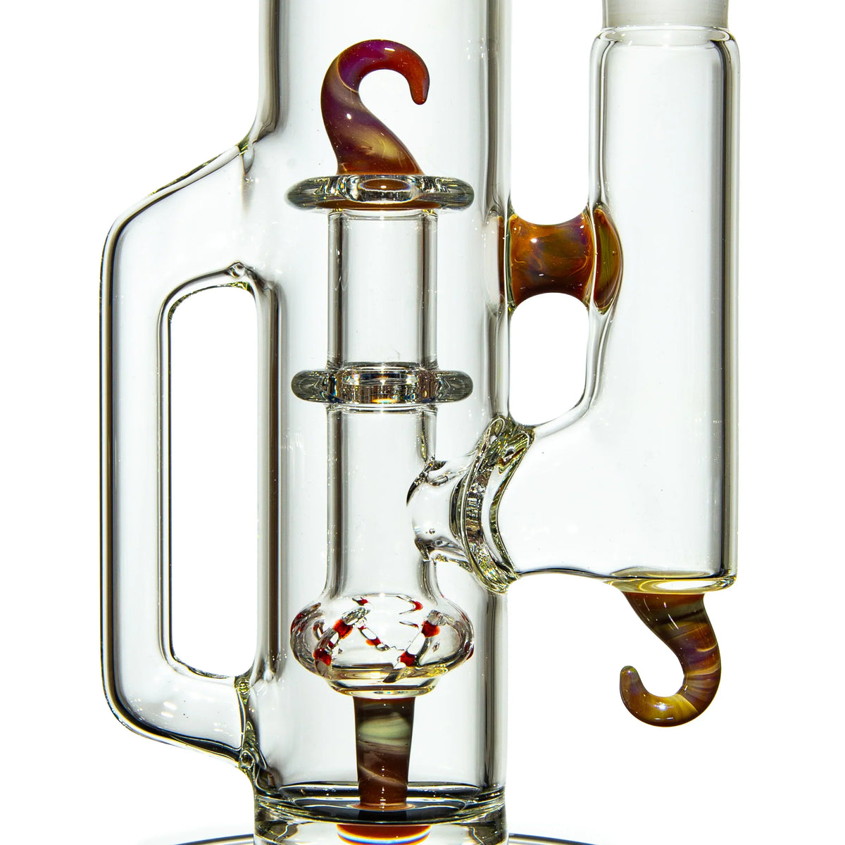 Artistic clear glass water pipe with colorful hook accents and intricate detailing