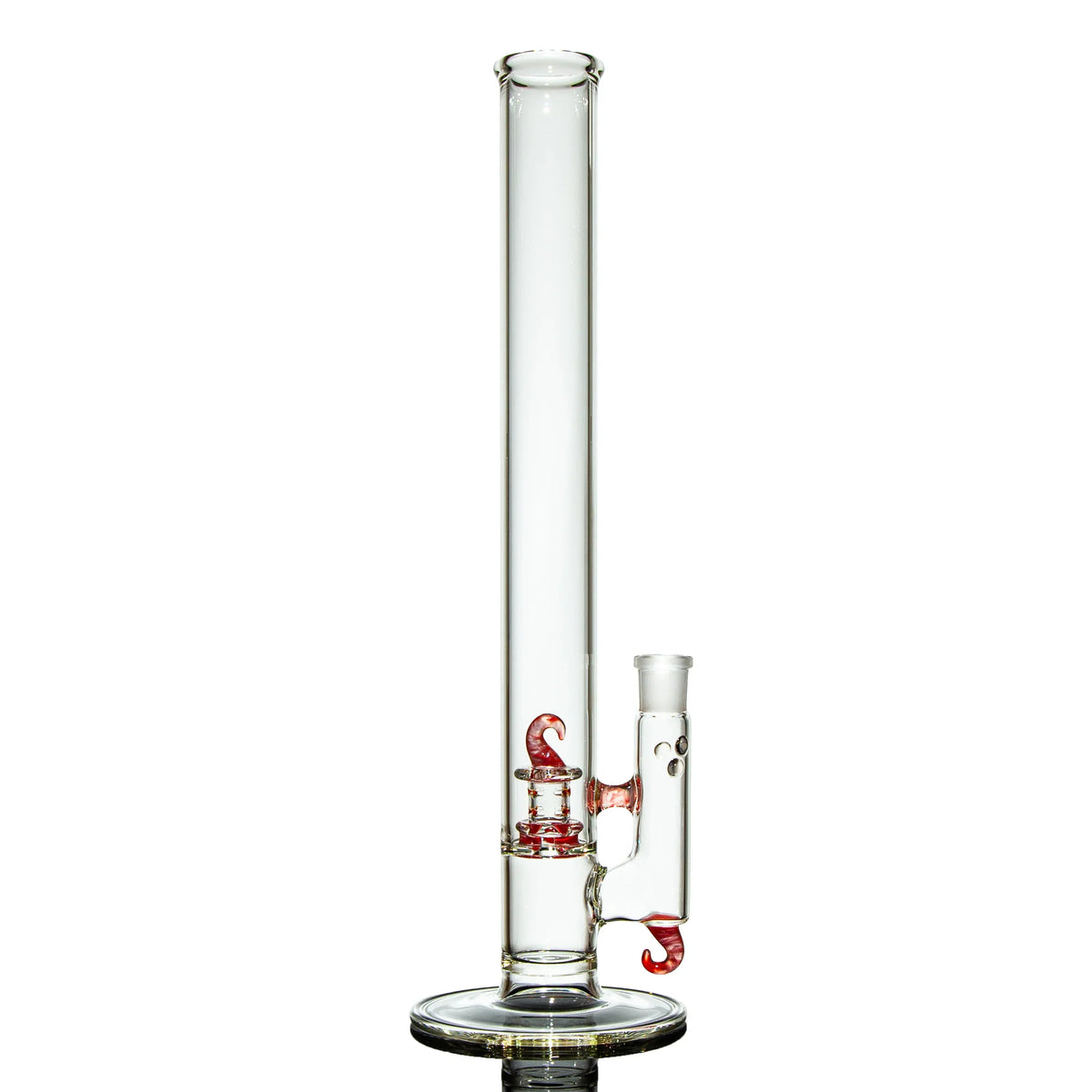 Clear glass water pipe with red decorative accents and a straight tube design on white background