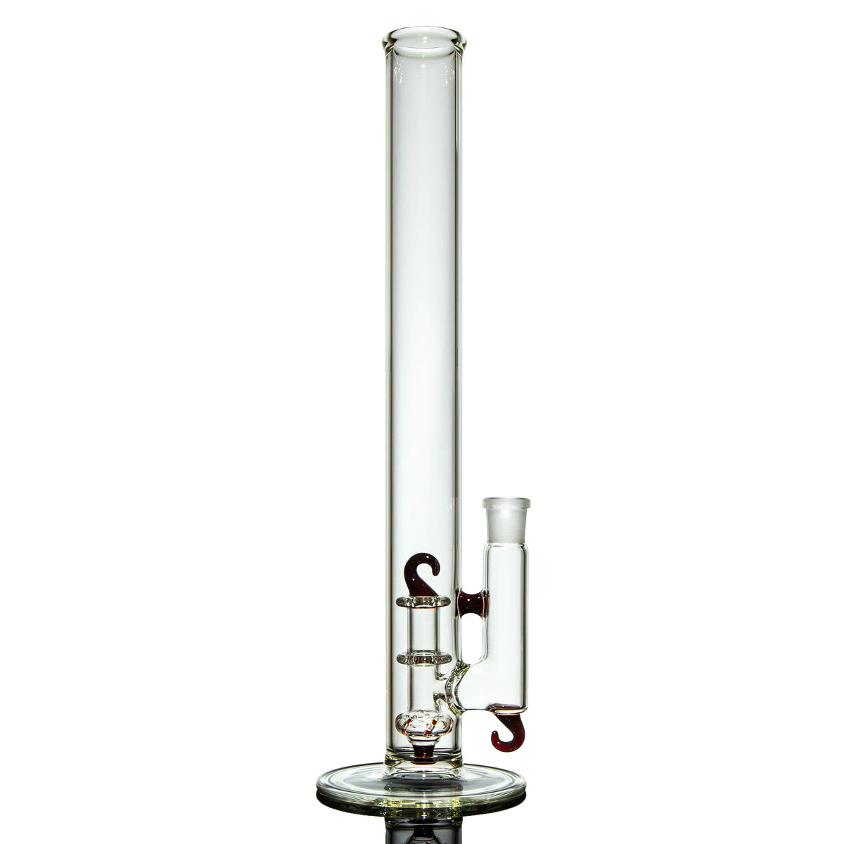 Clear glass bong with red accents and percolator, displayed on white background