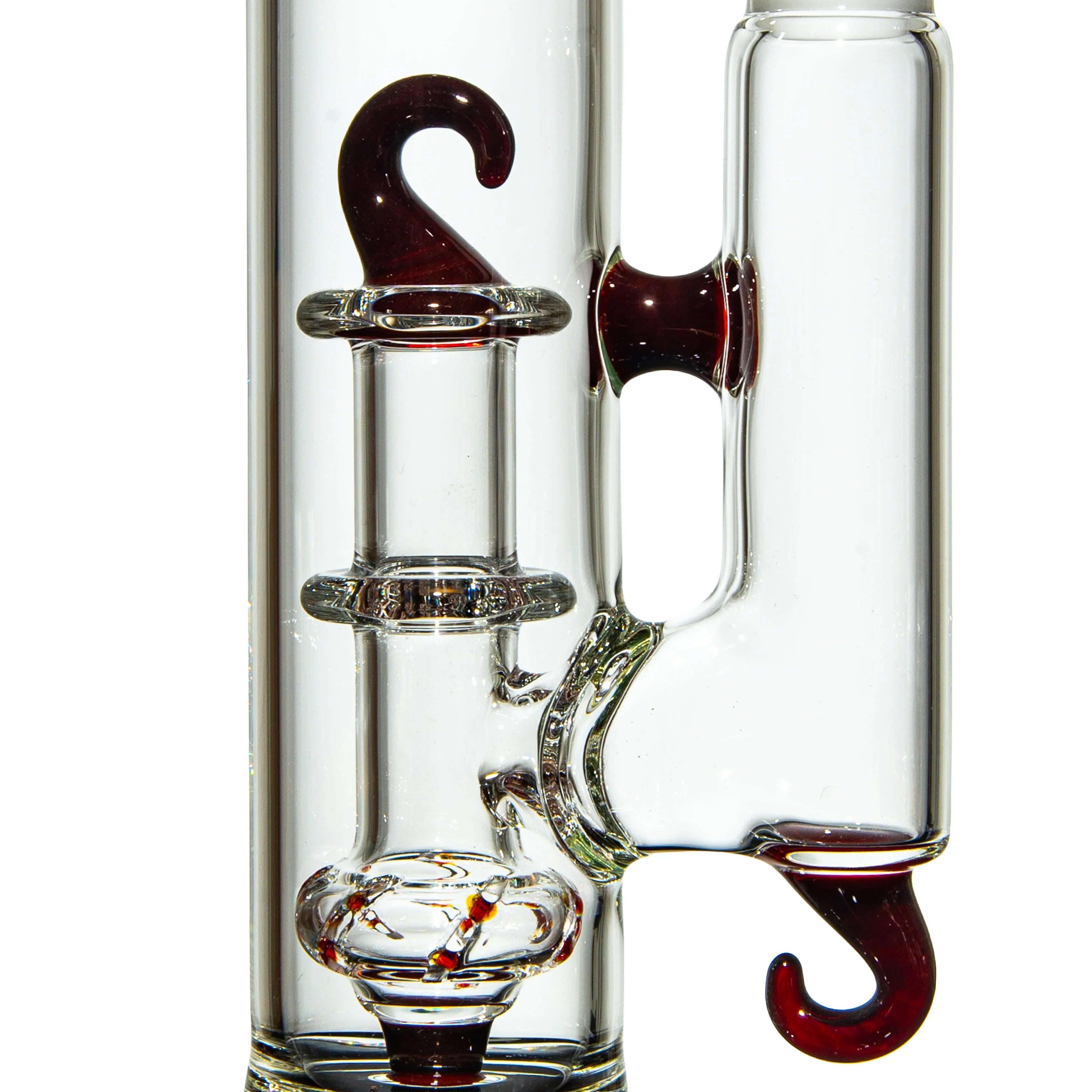 Clear glass water pipe with red hook accents and detailed percolator design