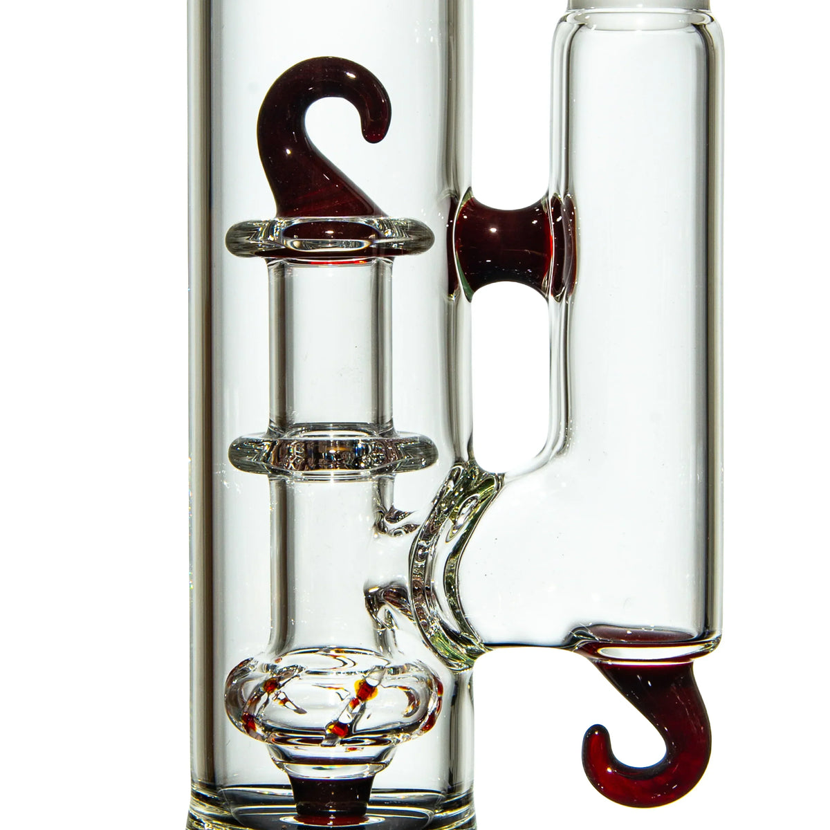 Clear glass water pipe with red hook accents and detailed percolator design