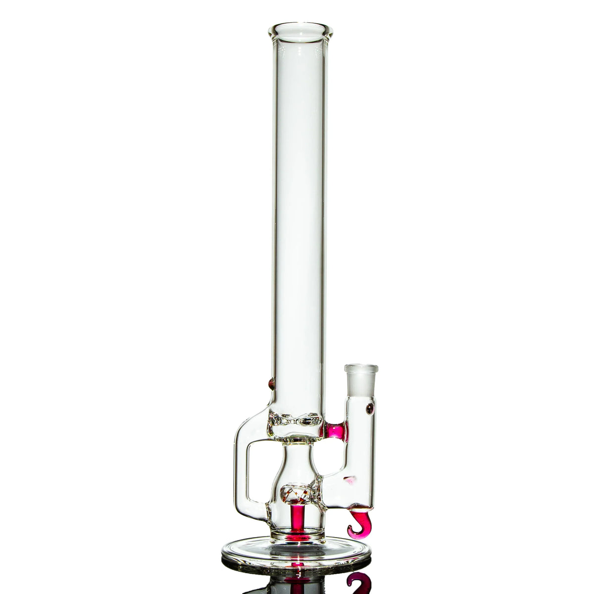 Clear glass water pipe with pink accents and a cylindrical chamber on white background