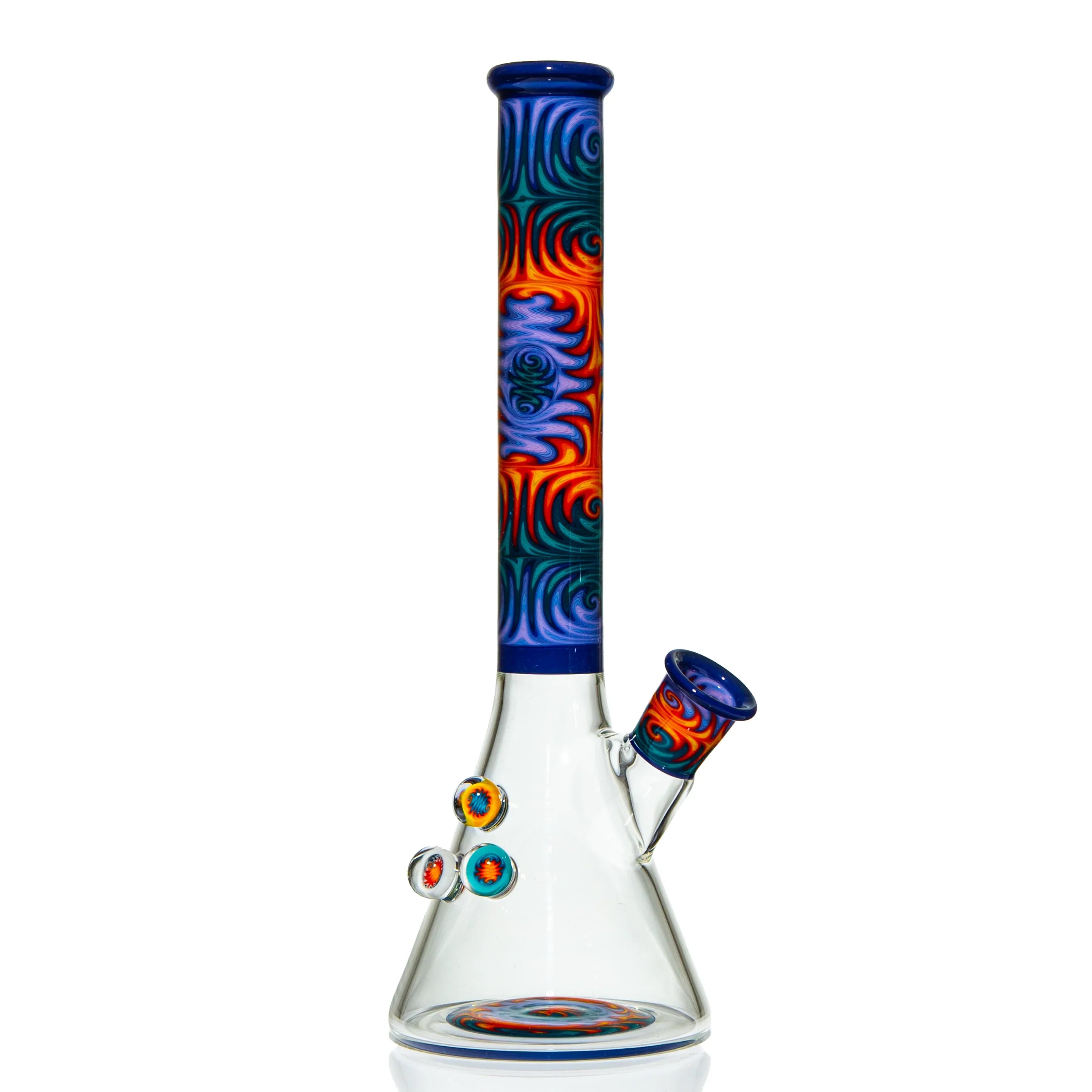 Heady glass beaker bong with vibrant swirl patterns in blue, orange, and green accents