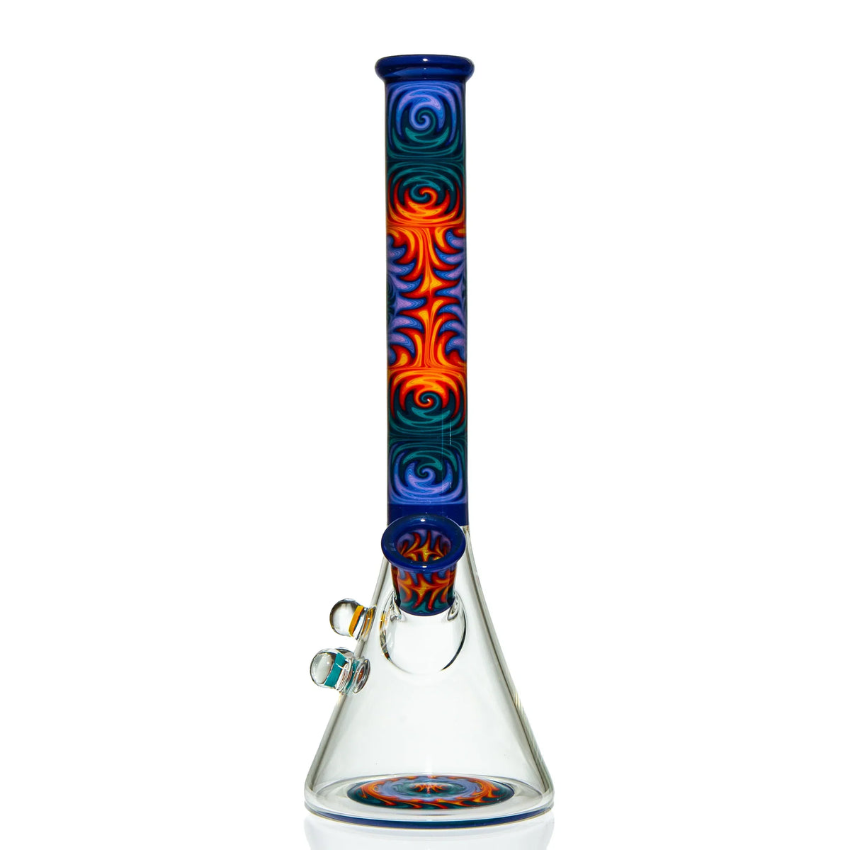 Colorful glass beaker bong with intricate swirl patterns on neck and base, clear chamber