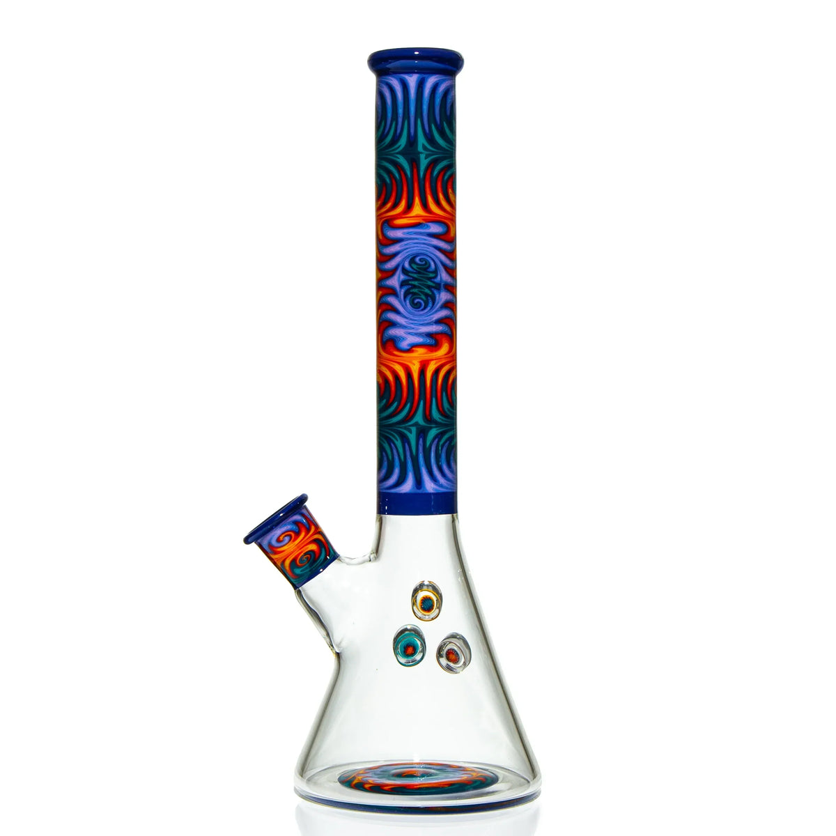Colorful heady glass beaker bong with intricate red, blue, and green patterns, clear base.
