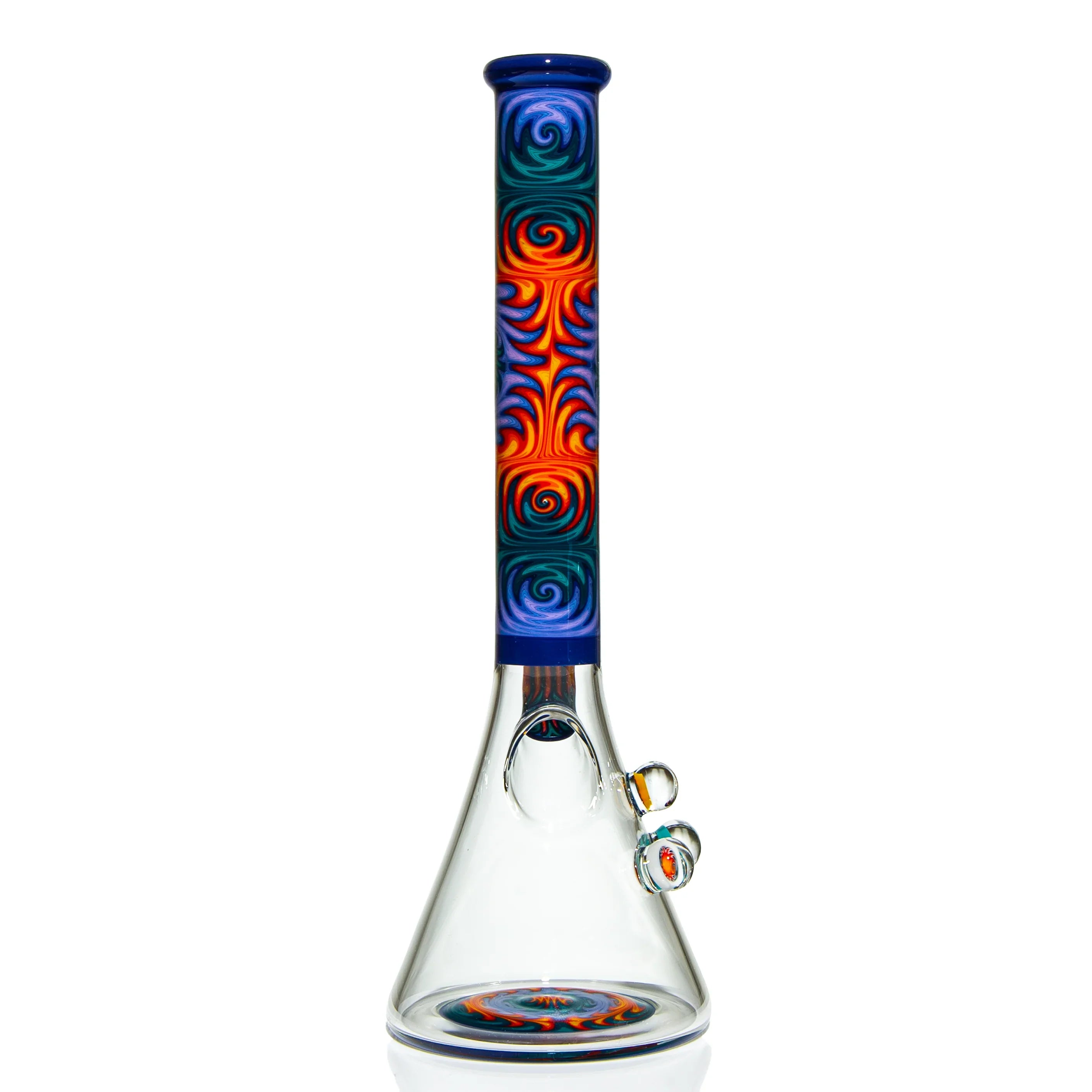 Clear glass beaker bong with colorful swirl pattern on neck and base