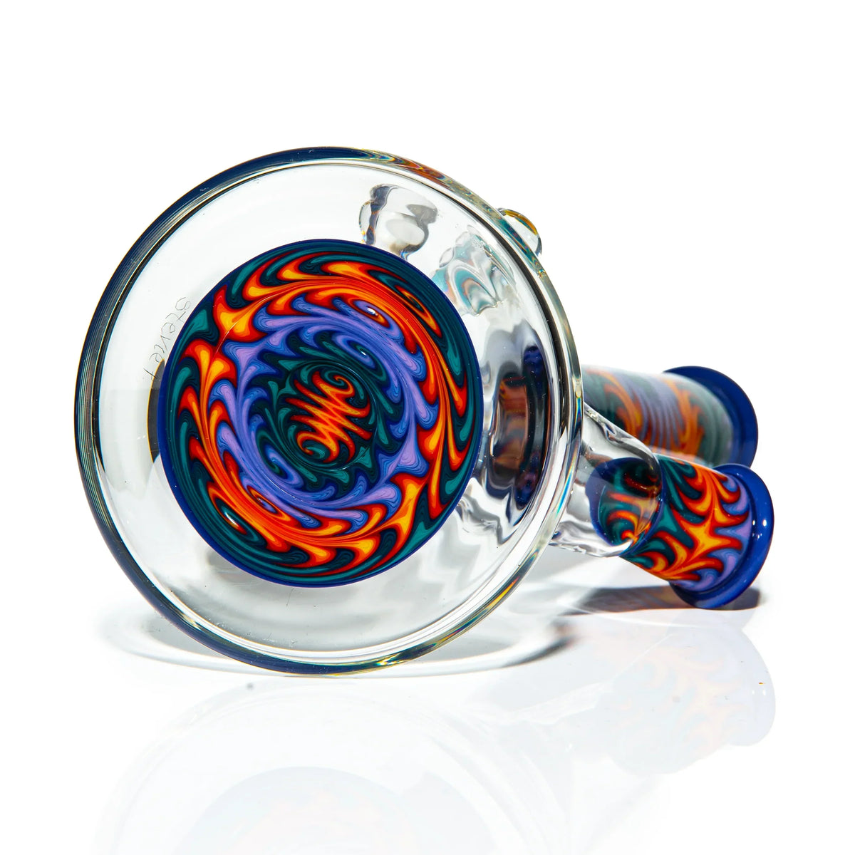 Colorful hand-blown glass pipe with vibrant swirling patterns on white background