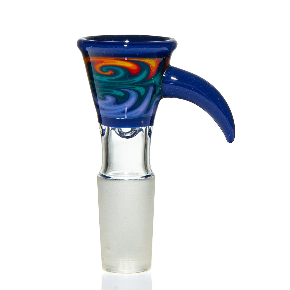 Colorful swirled glass bowl slide with blue handle for water pipe or bong