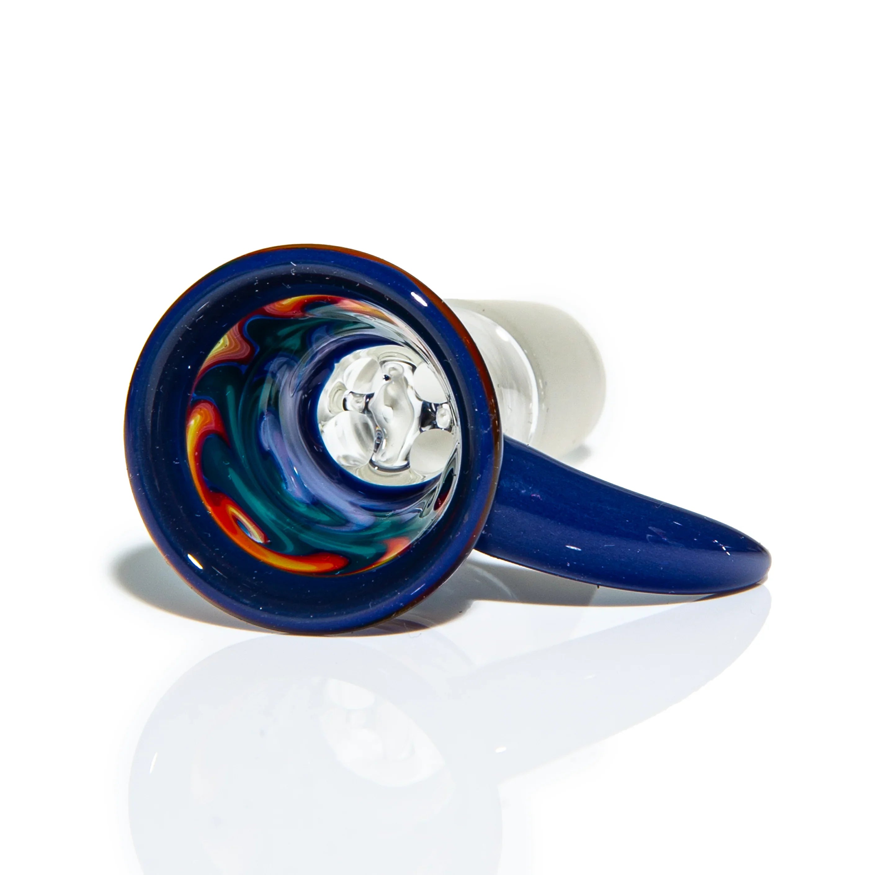 Colorful glass bowl piece with swirling blue and orange pattern, viewed from above on white background.