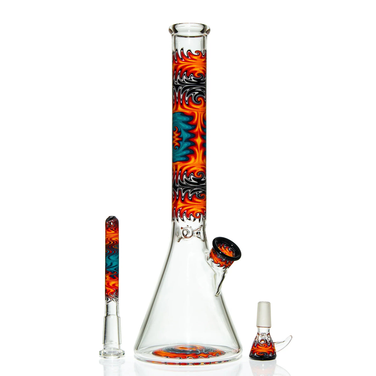 Heady glass beaker bong with vibrant flame and swirl designs, plus matching accessories
