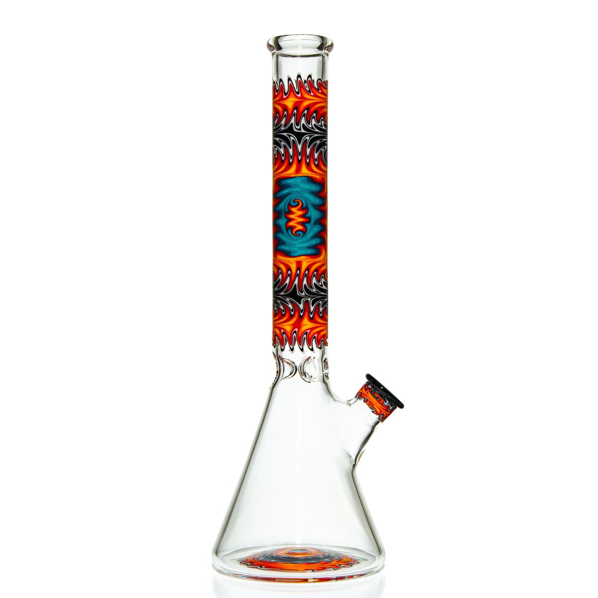 Heady glass bong with vibrant flame and wave pattern, beaker base, clear and colored glass