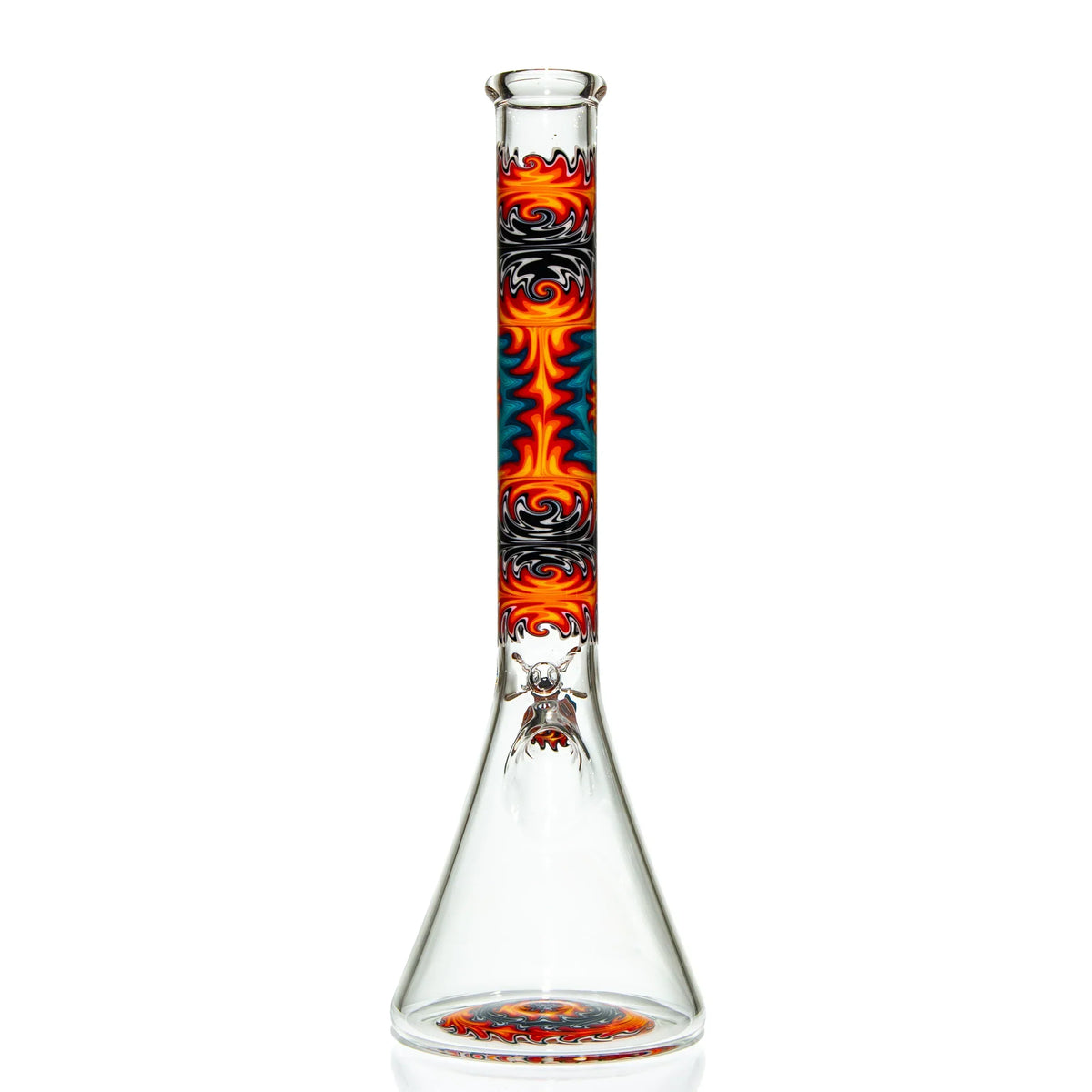 Heady glass beaker bong with vibrant flame pattern and clear base, colorful water pipe