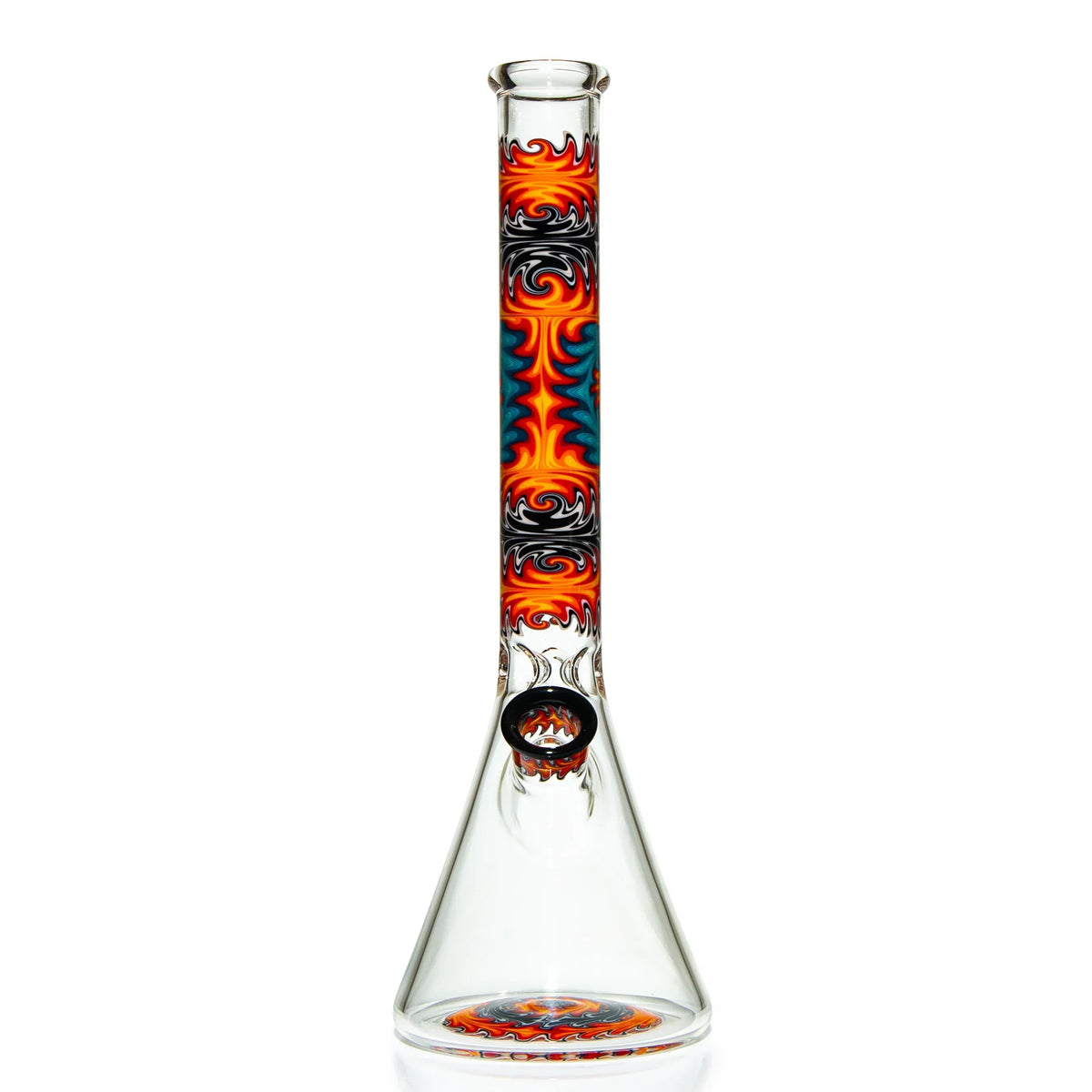 Heady glass beaker bong with vibrant flame-inspired patterns, artisan smoking accessory