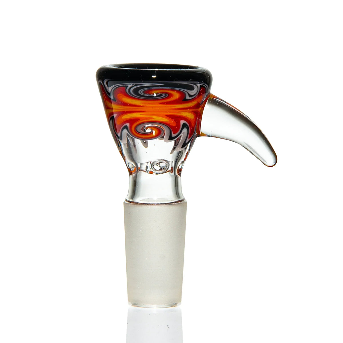 Heady glass bowl with orange and black swirl design, clear handle, and frosted joint