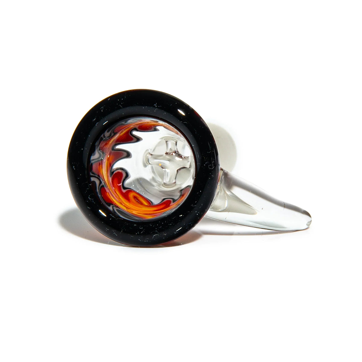 Heady glass bowl with black rim, fiery swirl design, clear glass handle, minimalist background
