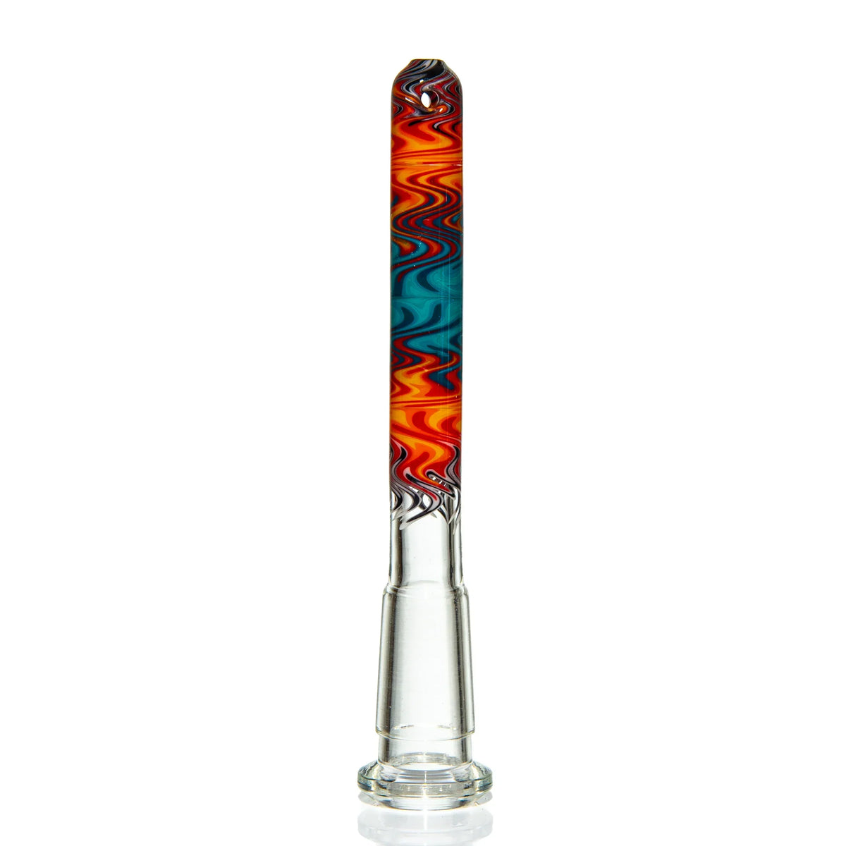 Colorful glass downstem with vibrant swirl design for water pipe or bong