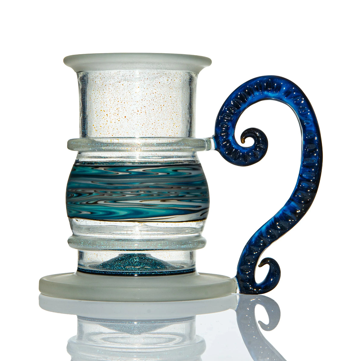 Heady glass mug with blue swirled handle, decorative stripes, and frosted accents