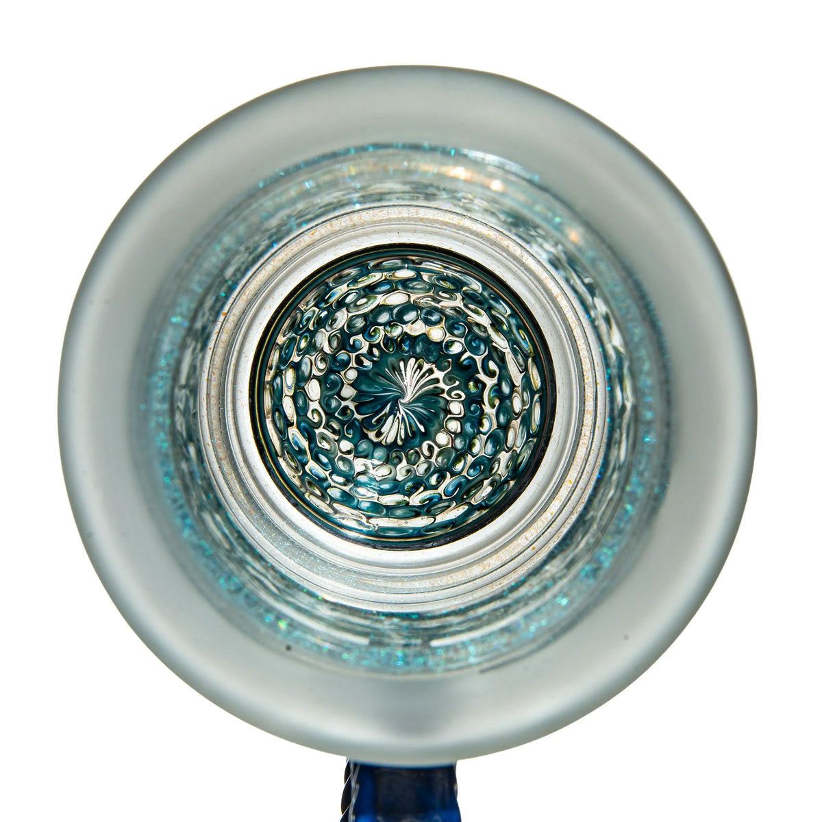 Close-up of intricate glass pipe mouthpiece with blue swirling patterned design