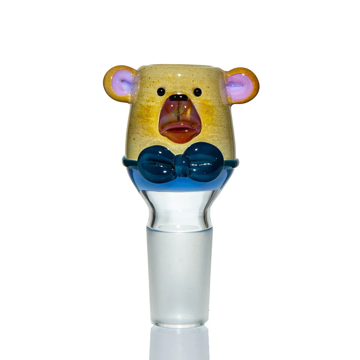 Handcrafted glass bowl with bear face and blue bow tie for water pipe
