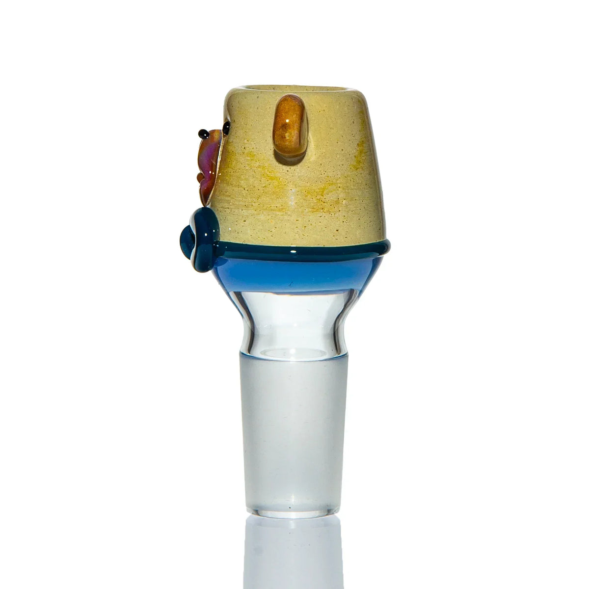 Handcrafted glass bowl with tan and blue color, shaped like a dog, for water pipes