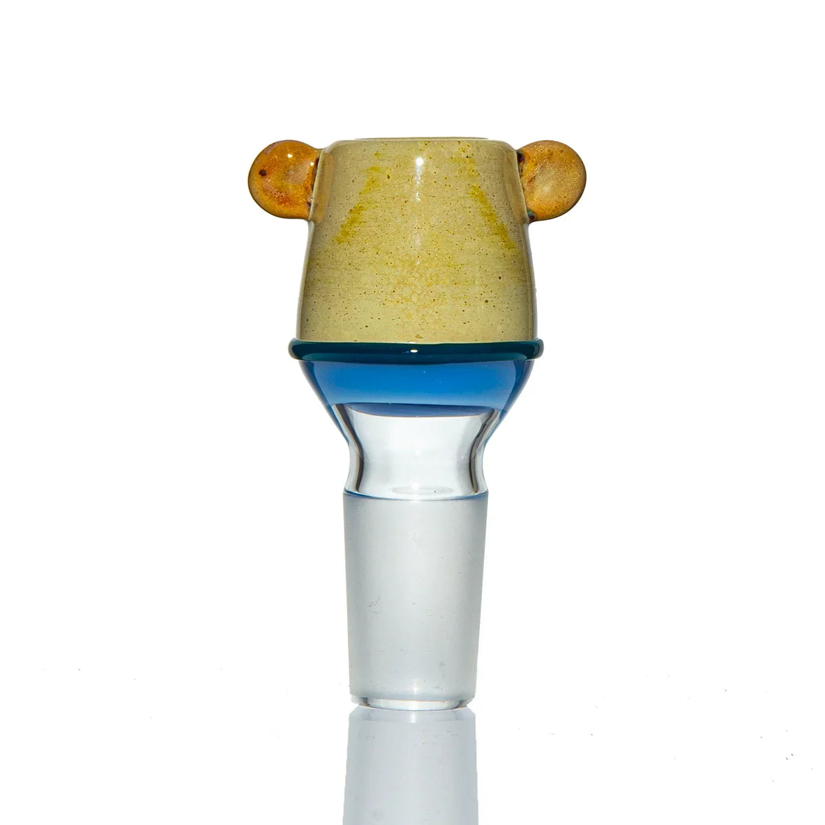 Handcrafted glass bowl piece with yellow top, blue accent, and dual side handles for water pipe