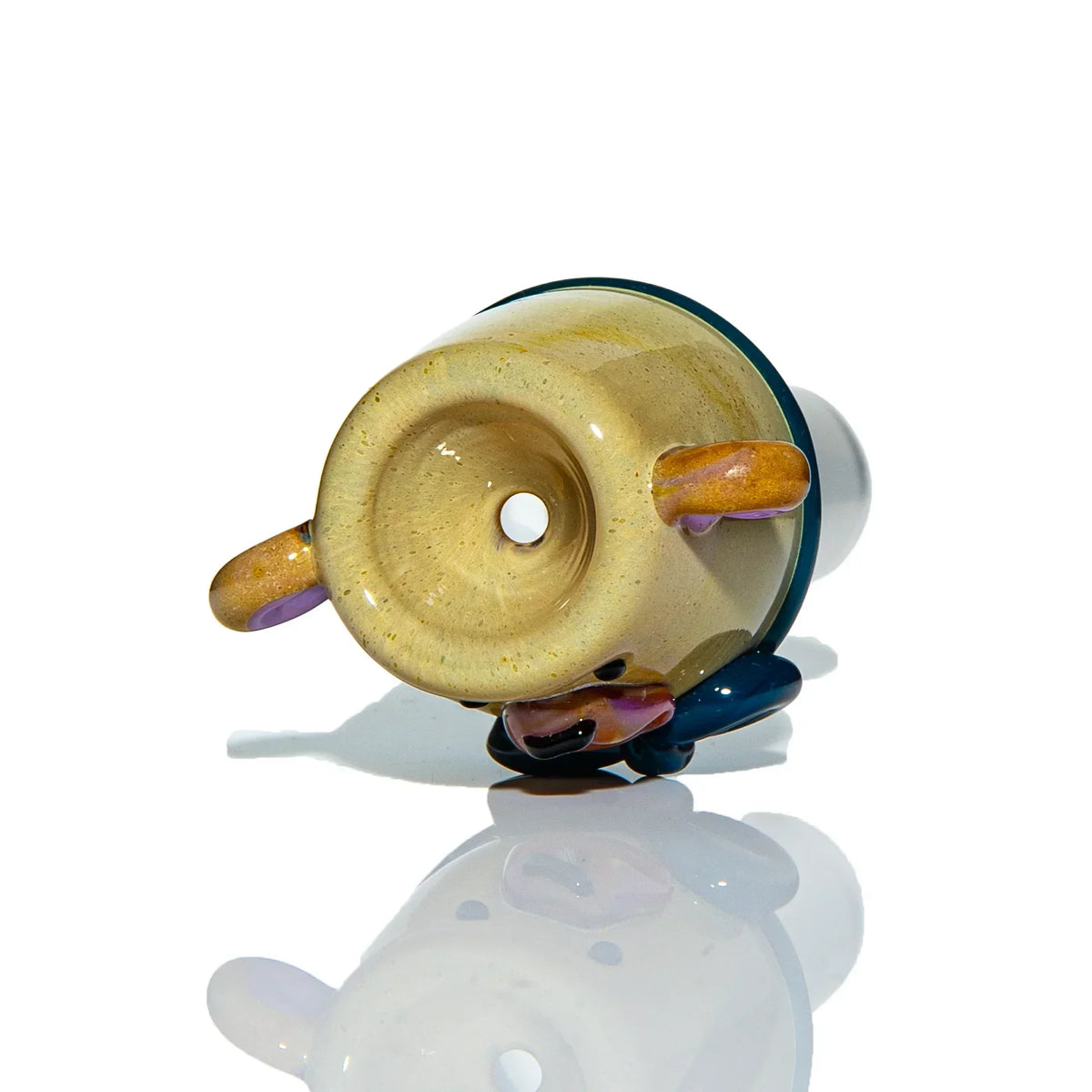 Artisan glass bowl with colorful handles and unique design on a white background