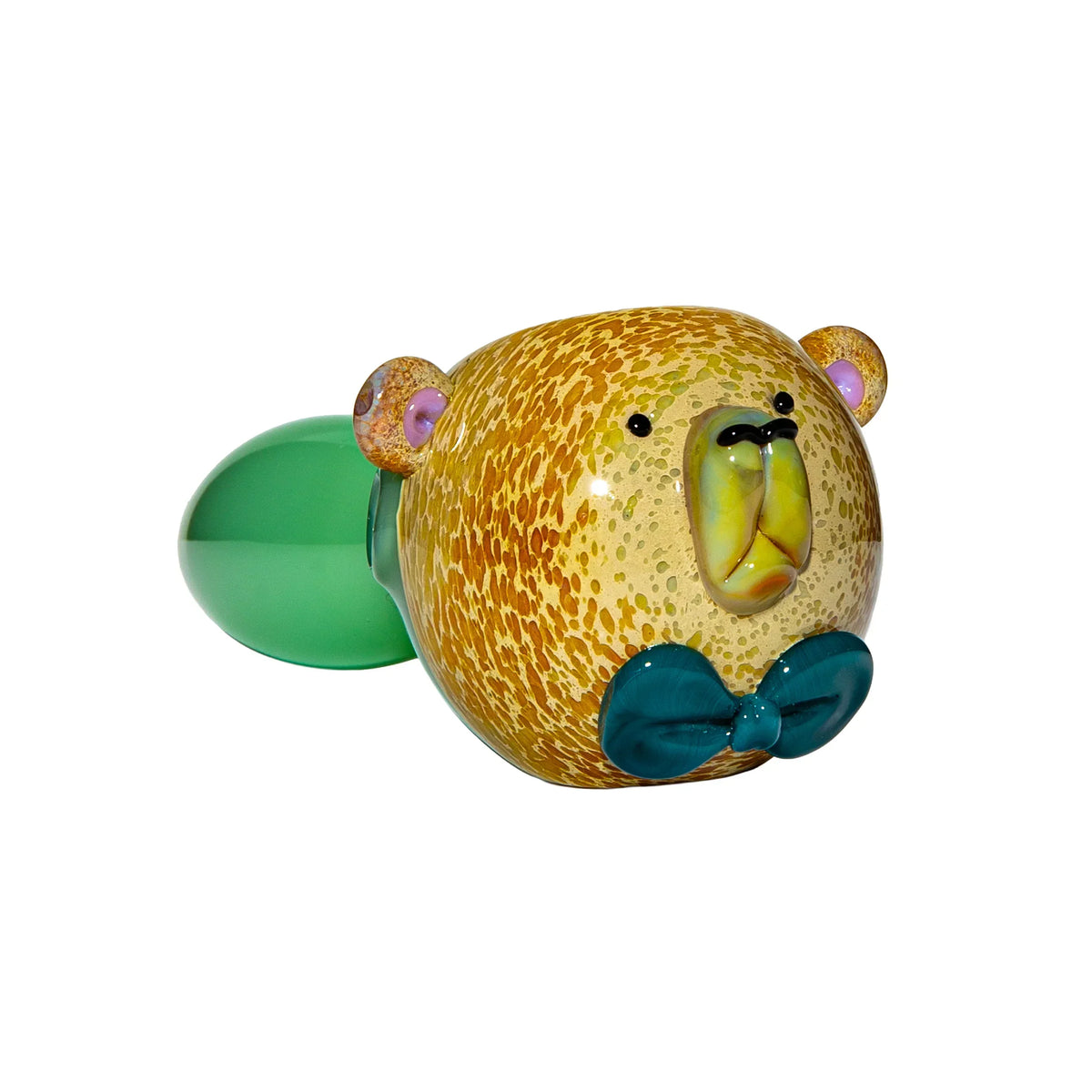 Handcrafted glass bear pipe with green body, yellow textured head, and teal bow tie