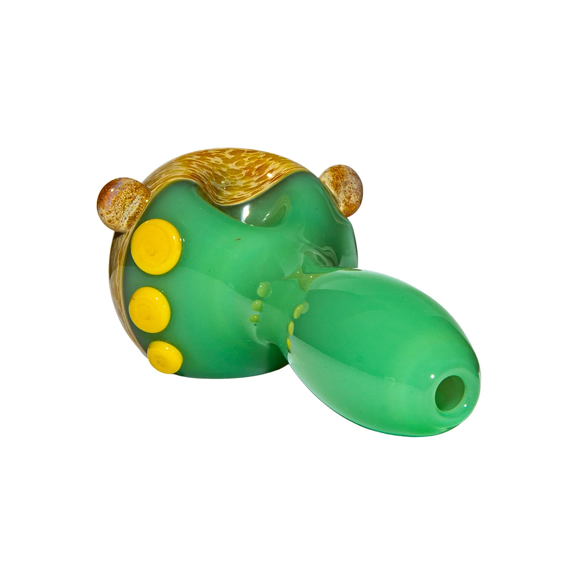 Green and yellow artistic glass hand pipe with textured bowl and side accents