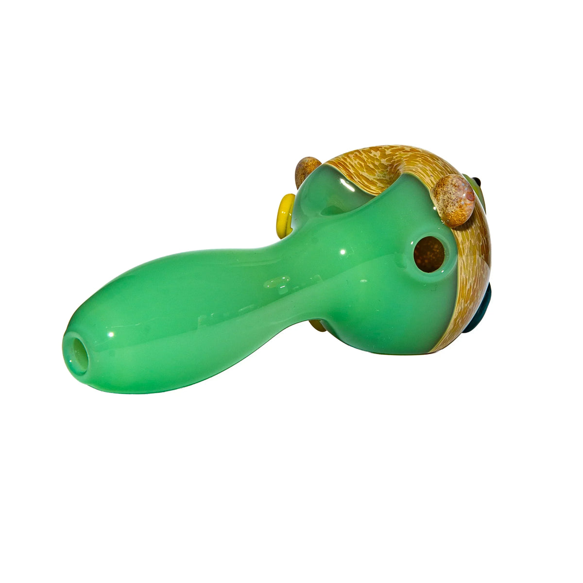 Handblown green glass pipe with yellow accents on white background