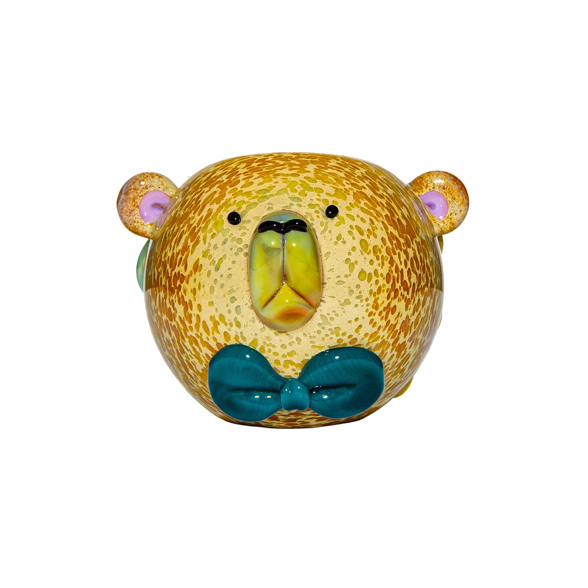 Hand-blown glass bear pipe with blue bow tie and speckled yellow finish