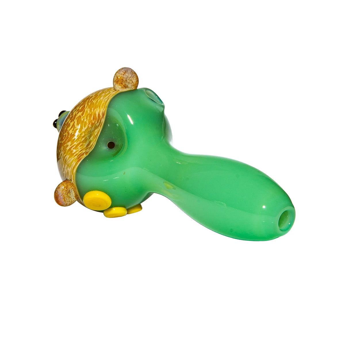 Green and yellow hand-blown glass pipe with artistic accents on white background