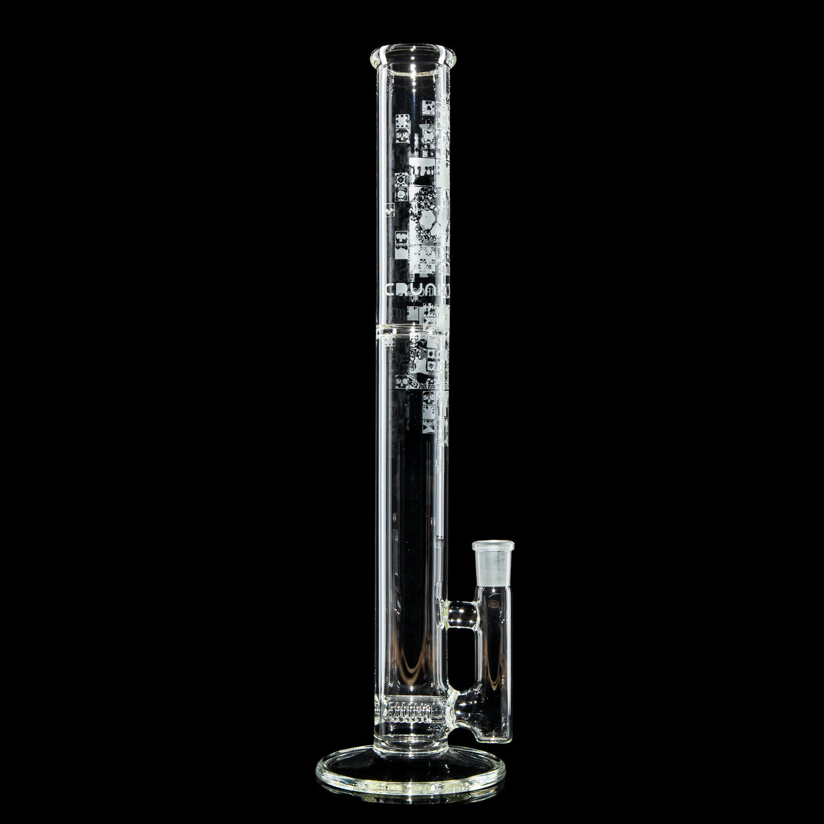 Clear glass water pipe with geometric etching and straight tube design on black background
