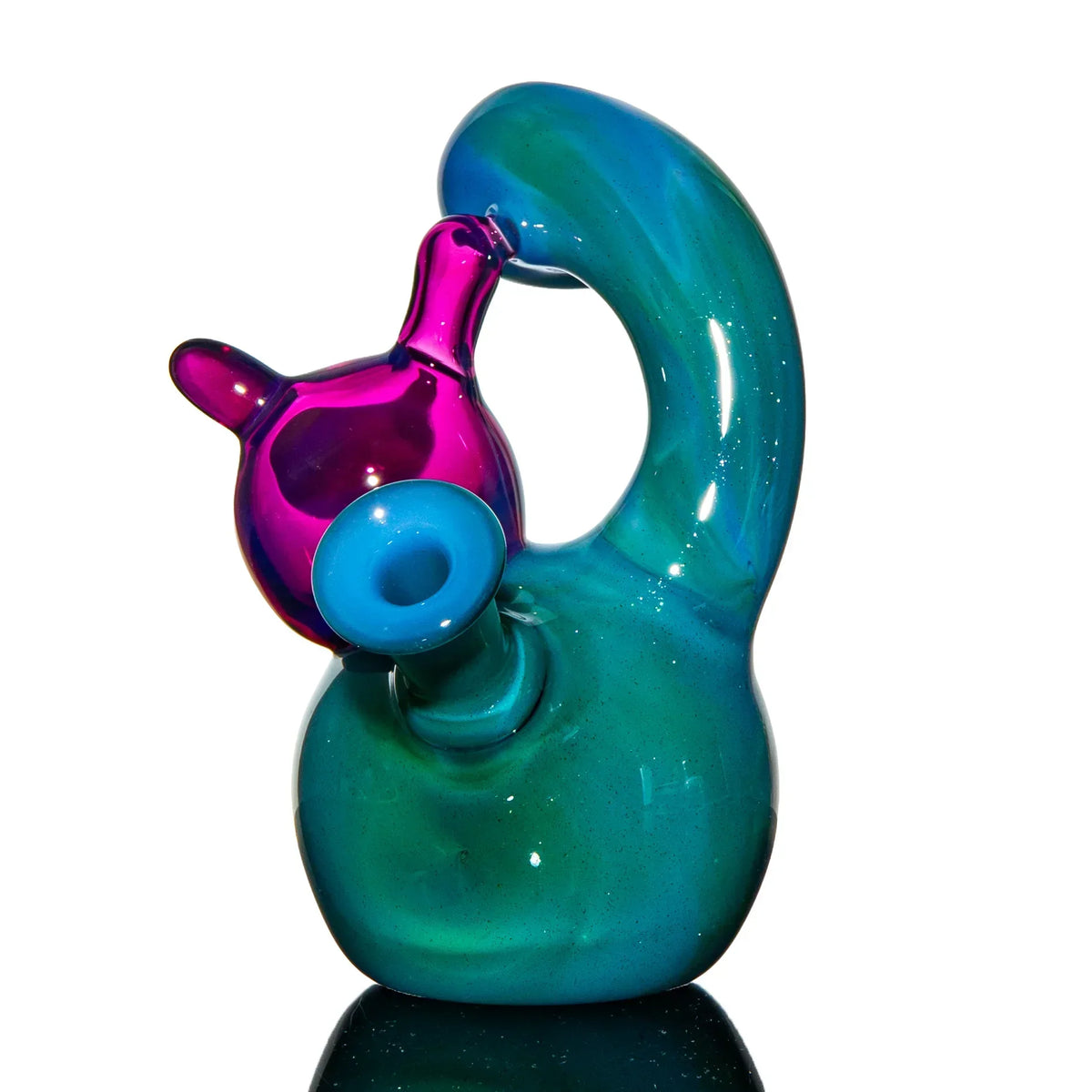 Colorful heady glass water pipe with blue and pink swirls on a white background