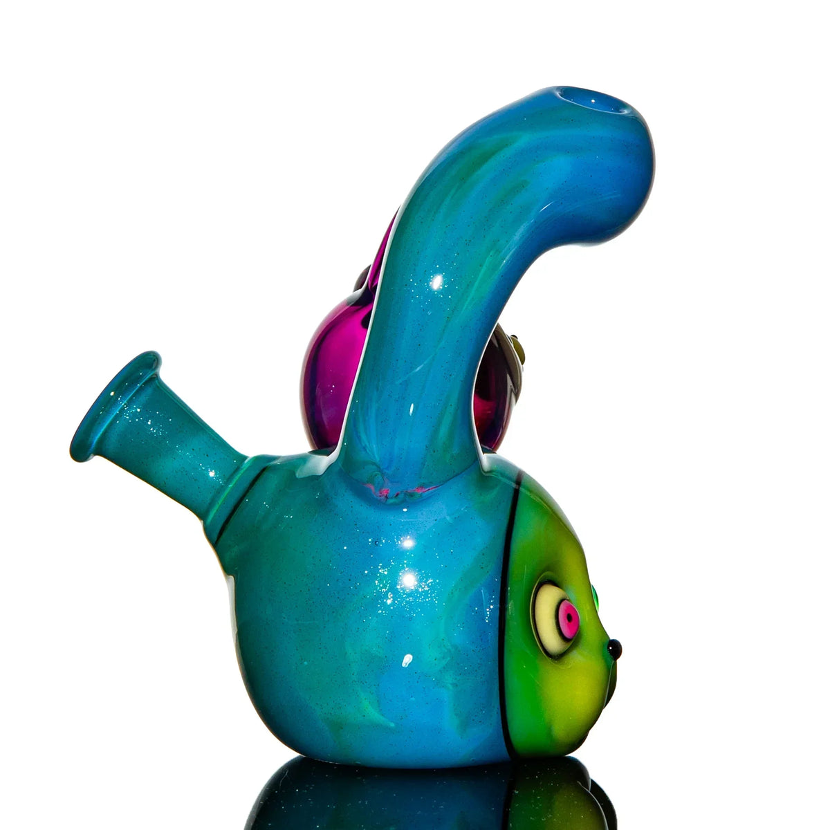 Heady glass water pipe with colorful animal face design on white background