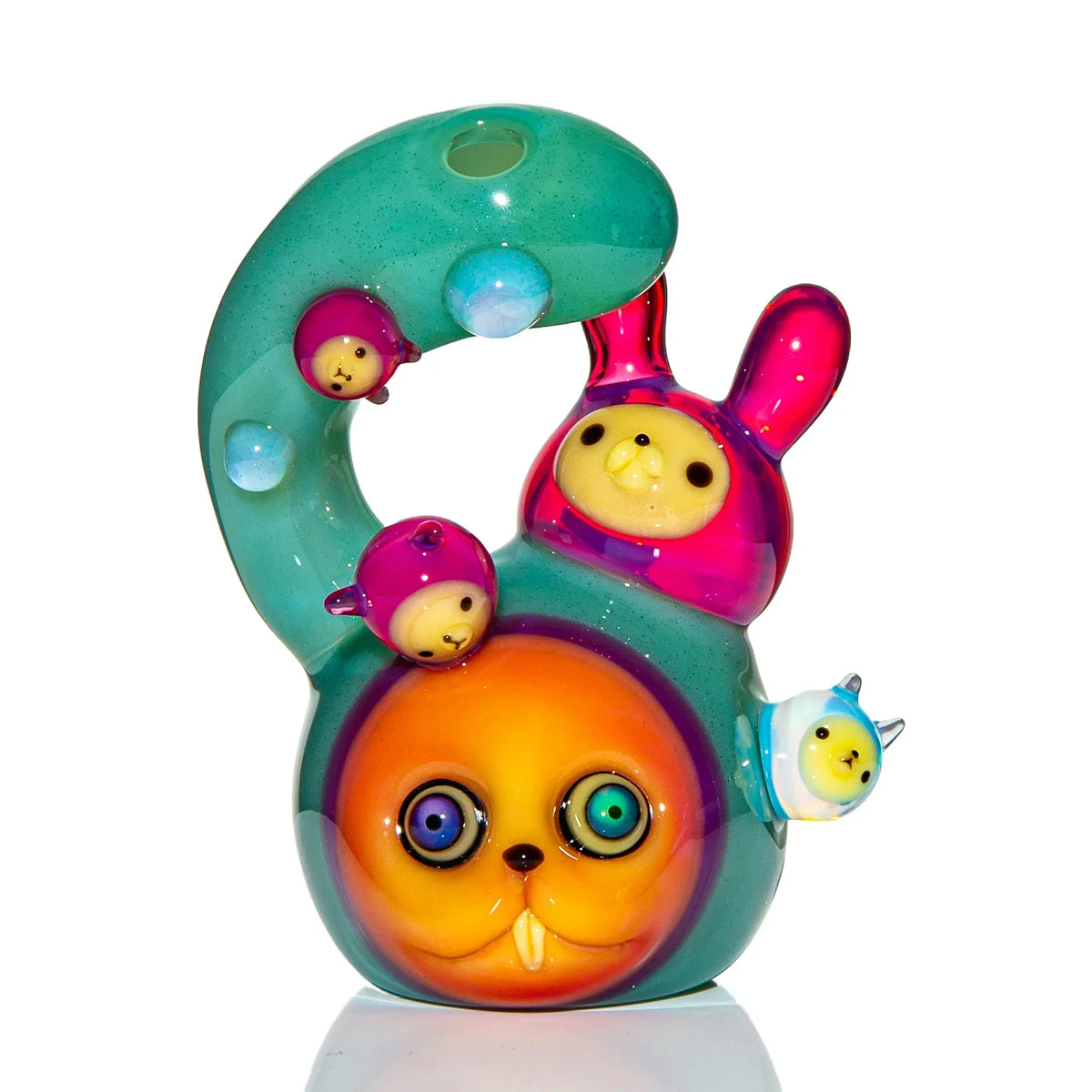 Colorful heady glass pipe with animal faces and whimsical character design